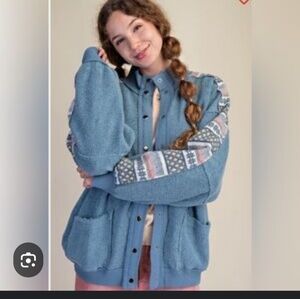Easel Blue Patterned Cozy Boho Jacket, Pockets, Oversize Sz SM, Fits Sm-XL